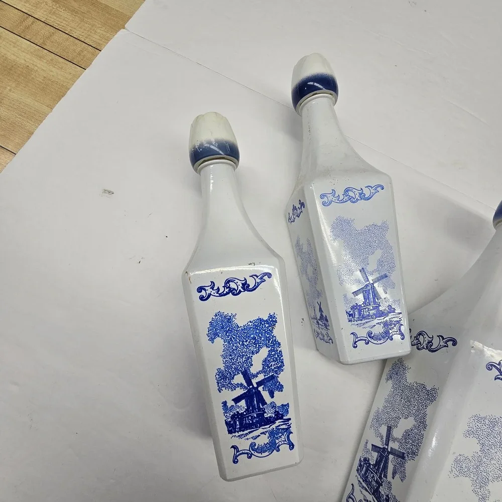 Vintage Delft Style Liquor Bottles Set 5 White Blue Windmill Tulip Decanter
